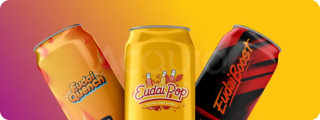 Three colorful beverage cans - orange, yellow, and red - against a gradient purple and yellow background.
